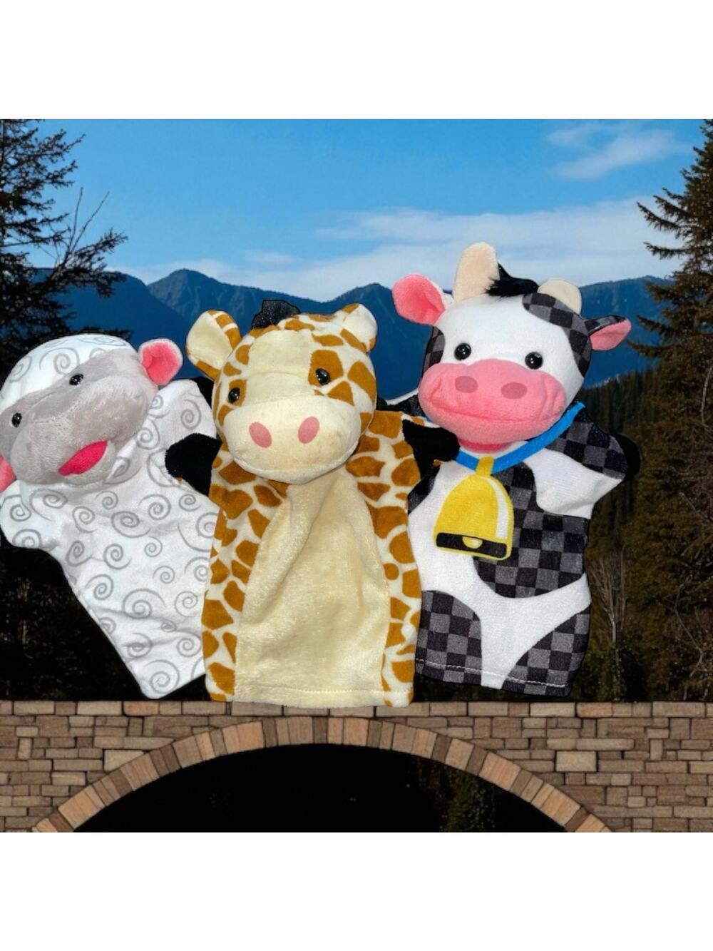 Melissa & Doug Hand Puppets Lot of 3 Plush Lamb Giraffe Cow Farm Stuffed Animal